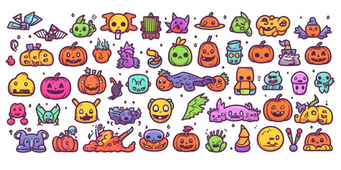 Hand drawn colorful doodle cartoon of objects and symbols on the Halloween theme on white background, illustration. Ai generative.
