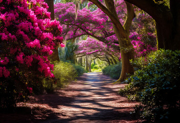 The mesmerizing azalea pathway at Magnolia Plantation and Gardens, in the vibrant burst of colors and enchanting ambiance of spring, generative ai