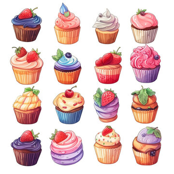Set of watercolor cupcakes isolated on white background. Hand drawn watercolor illustration. Cream and berries. Sweet tasty food illustration. Ai generative.