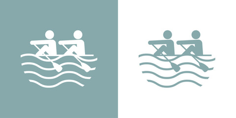 Logo club de piragüismo. Silueta de equipo de remeros en fila en kayak o canoa con olas de mar © teracreonte