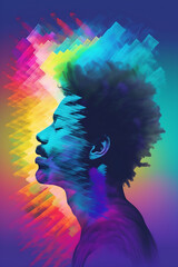 An abstract illustration of afro man with rainbow color background, Mind, Body, Soul, Minimalist, Aura, Spiritual, Gradient, Pastel, generative ai