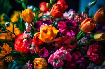 a bouquet of different colored flowers is in the background