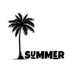Logo vacaciones de verano. Letras de la palabra summer con letras estilo hawaiano en la arena de una playa con silueta de la palma