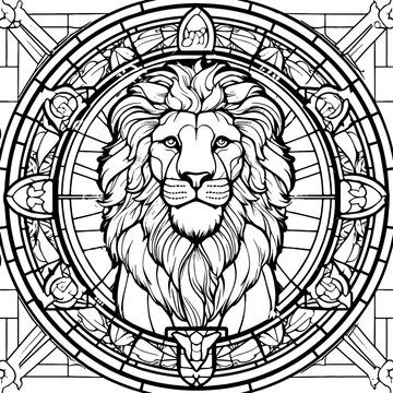  Stained glass window of a lion line art vector. black and white
