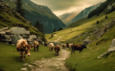 some cows near the side of a path in a mountain valley