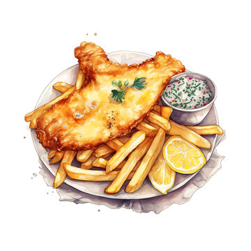 Illustration of a delightful watercolor plate of crispy fish and chips with sauce and limon slides white background, generative ai