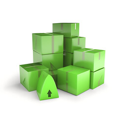 Naklejka premium 3D icon of green boxes, shipping service, delivery goods, packaging, cargo box on white background. Isolated 3D illustration, generative ai