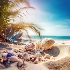 Fototapeta na wymiar Retro beach scene with colorful sea shells and conch shells and palm trees, sand, sun, soft blue waves in the background.