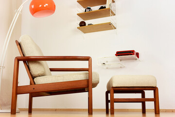 Armchair with Ottoman Danish Design in a Cosy Modern Furnished Living Room 60s Style Interior with...