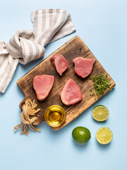 Keto diet. Fresh tuna steaks. Asparagus. Healthy food.