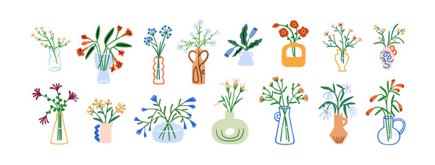 Flower bouquets in vase set. Blossomed floral plants, bunches, posies in glass and ceramic pitchers. Spring and summer field and garden blooms. Flat vector illustrations isolated on white background - obrazy, fototapety, plakaty