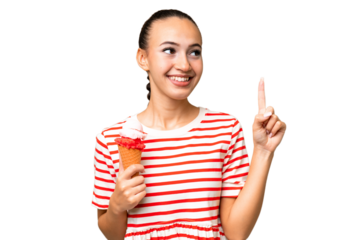 Young Arab woman with a cornet ice cream over isolated background pointing up a great idea
