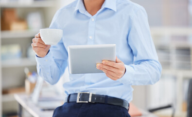 Closeup, business and man with a tablet, planning and search internet with entrepreneur, online...