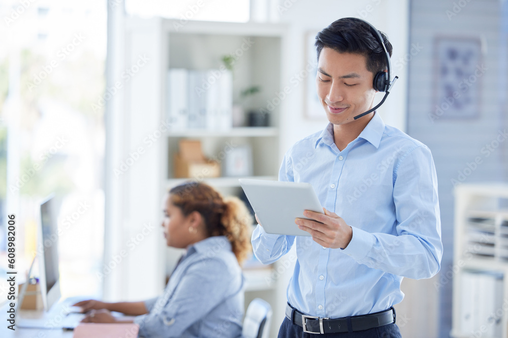 Poster call center, tablet and search with asian man in office for consulting, customer service and contact
