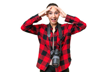 Young photographer Arab woman over isolated background with surprise expression