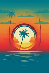 Fototapeta na wymiar Colorful holiday poster, tropical summer vibes background with palm trees and sunset. Ai illustration, fantasy digital, Generative AI