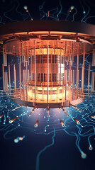 Quantum computer close up, futuristic technology, generative AI, Futuristic blue orange background