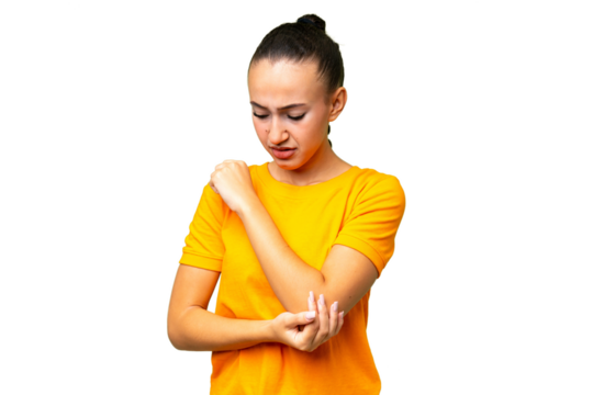Young Arab woman over isolated background with pain in elbow