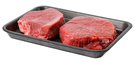 Two pieces of beef steak in a black disposable polystyrene plate on a white isolated background