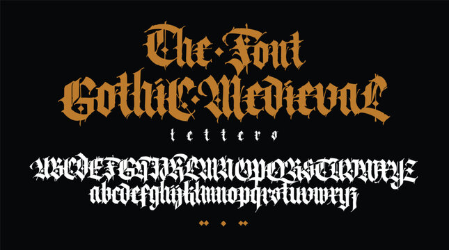 Gothic font from Latin letters. Vector. English alphabet. Medieval European style. English alphabet 9th-19th century. Symbols and signs for monogram and design. Modern calligraphy.
