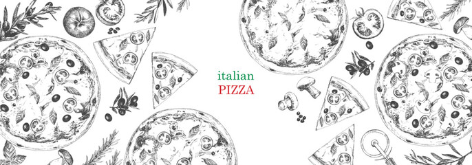 Traditional italian dishes. Hand-drawn illustration of Pizza. Italian food frame. Pizzeria menu design template. Vector. Ink drawing. 