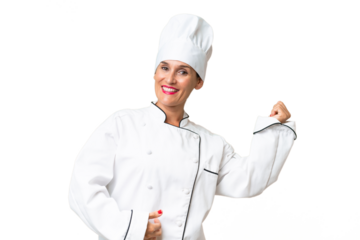 Middle-aged chef woman over isolated background making guitar gesture