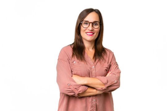 Middle-aged caucasian woman over isolated background with arms crossed and looking forward