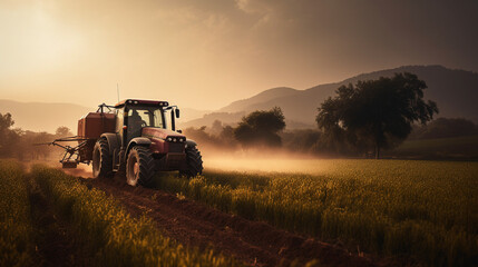 a tractor gracefully spraying pesticides on a picturesque plantation field at sunset. The warm golden hues of the setting sun create a stunning backdrop, Generative AI
