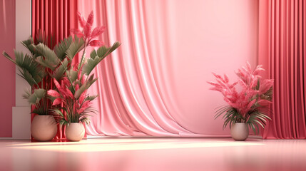 flowers in a vase abstract gradient pink studio background, designed for product presentation, set in an empty room with shadows of a window, Generative AI