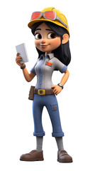 Female construction worker with hard hat 3D character. Isolated background