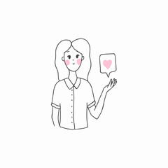 Young smiling woman holding speech bubble with heart like symbol. Social media concept. Cartoon minimal style.