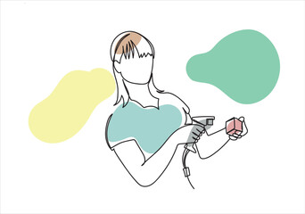 A woman cashier scanning grocery items at a supermarket shopping mall, continues line drawing vector illustration 