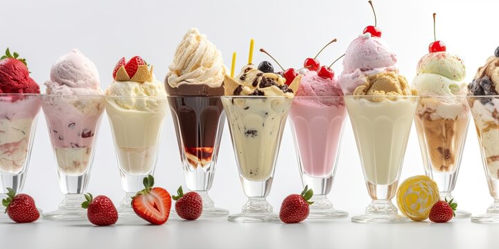 Row of various ice creams in glasses with fruits and toppings. Generative AI