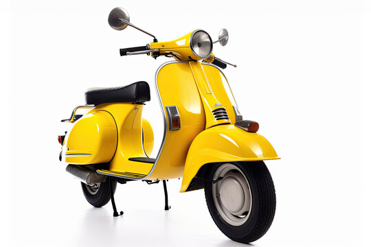 Motorcycle rental concept. Yellow retro scooter isolated on white background. Generative AI