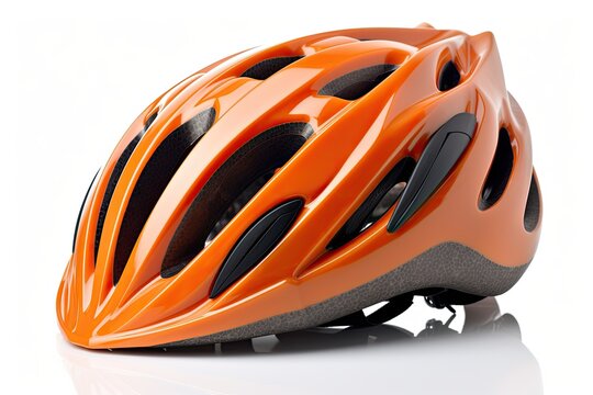 Modern orange bicycle helmet isolated on white background. Generative AI
