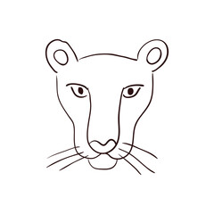 Cute lioness face, portrait hand drawn cartoon character illustration, sketch. Line art style design, outline, isolated vector. Tropical animal, jungle wildlife, big cat, safari, nature, print element