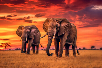 Fototapeta na wymiar Elephant sunset. Two big elephant with tusk and red orange evening light on the sky clouds