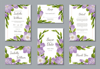 Set of wedding templates, banners, invitations for the holiday. Beautiful postcard decor with purple freesia. - obrazy, fototapety, plakaty