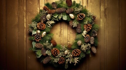 Obraz na płótnie Canvas christmas wreath on wooden door, Ai generative