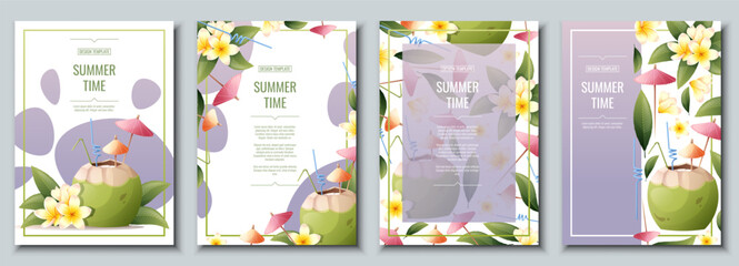 Set of flyer templates with beach coconut cocktail and frangipani flowers. Tropical vacation, summer vacation. Banner, poster with beach drinks a4 size - obrazy, fototapety, plakaty