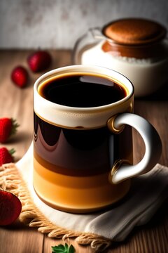 Black Coffee on a Wooden Table surrounded by Strawberries.