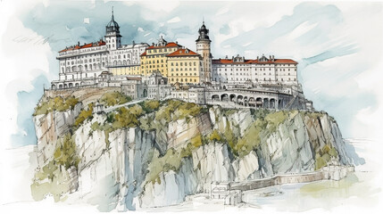 Imaginary monastery on Greek mountain, generative AI watercolor illustration