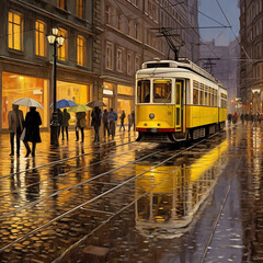  yellow tram on a rainy day Generative AI