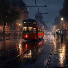  red tram on a rainy day Generative AI