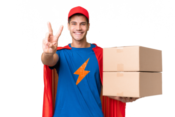 Super Hero delivery man over isolated background smiling and showing victory sign