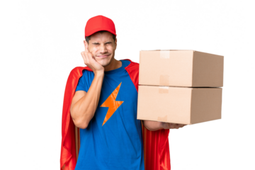 Super Hero delivery man over isolated background frustrated and covering ears