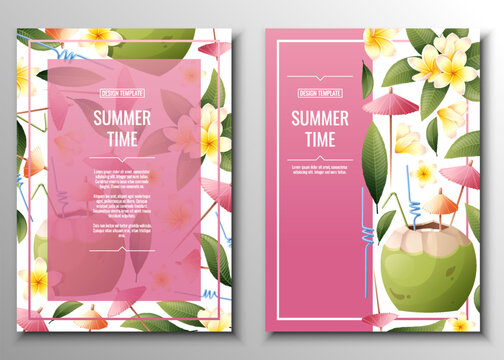 Set of flyer templates with beach coconut cocktail and frangipani flowers. Tropical vacation, summer vacation. Banner, poster with beach drinks a4 size