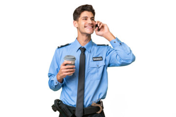 Young police man over isolated background holding coffee to take away and a mobile
