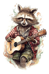 A raccoon playing a guitar and wearing a plaid shirt. Generative AI.