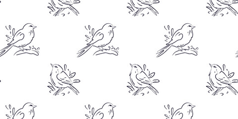 Seamless pattern with cute little birds doodle or line style on white background vector illustration